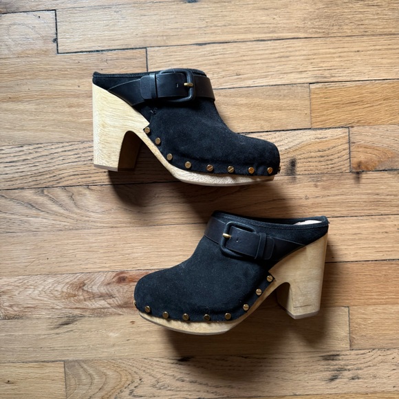 Veronica Beard Black Suede Studded Wooden Clog Mules - Picture 3 of 8